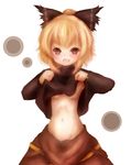  amanojaku bad_id bad_pixiv_id blonde_hair blush bow breasts brown_eyes fang hair_bow highres kurodani_yamame navel open_mouth shirt_lift short_hair simple_background small_breasts solo tears touhou underboob white_background 