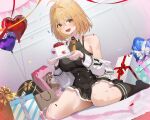  1girl absurdres ahoge bare_shoulders birthday_cake black_shirt black_socks blonde_hair box breasts cake cake_slice commentary_request food gift gift_box haru_estia highres holding holding_cake holding_food kneehighs looking_at_viewer medium_hair na3lum necktie open_mouth orange_necktie shirt sitting sleeveless sleeveless_shirt smile socks solo soulworker thighs wariza yellow_eyes 