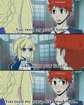  1boy 1girl ahoge armor armored_dress artoria_pendragon_(fate) blonde_hair braid braided_base braided_bun bun_with_braided_base commentary dress emiya_shirou english_commentary english_text fate/stay_night fate_(series) gat0w green_eyes hair_bun highres indoors meme parody red_hair saber_(fate) shirt t-shirt 