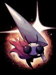  1boy antennae arthropod_boy black_eyes black_skin bulging_eyes cloak colored_skin highres holding holding_weapon hollow_knight huge_weapon looking_at_viewer male_focus nail_(hollow_knight) over_shoulder pure_nail_(hollow_knight) red_cloak salamitown sly_(hollow_knight) solo sparkle weapon weapon_over_shoulder 