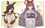  2girls animal_ears blue_eyes blush boli_zhu_(agay1996) border bow_hairband brown_dress brown_hair closed_mouth commentary_request cropped_torso dress flower grey_shirt hair_flower hair_ornament hair_over_one_eye hairband heart highres holding holding_microphone horse_ears long_sleeves looking_at_viewer microphone mihono_bourbon_(umamusume) multiple_girls neck_ribbon opening_own_clothes outside_border photo-referenced print_shirt purple_eyes ribbon rice_shower_(casual)_(umamusume) rice_shower_(umamusume) shirt shirt_under_shirt smile umamusume upper_body 