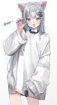  1girl animal_ears black_collar black_nails blue_eyes blush cat_ears cat_girl charm_(object) claw_pose collar commentary cowboy_shot double-parted_bangs facial_mark fake_whiskers fang grey_hair grey_sweater hair_ornament hairclip hand_up highres holding holding_charm indie_virtual_youtuber long_hair long_sleeves looking_at_viewer mouse_charm nachoneko nakony open_mouth oversized_sweater pawpads simple_background sleeves_past_wrists solo sweater turtleneck turtleneck_sweater variant_set very_long_hair virtual_youtuber white_background wide_sleeves 