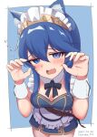  1girl absurdres alternate_costume animal_ears apron belt black_ribbon blue_dress blue_eyes blue_hair blush brand_of_the_exalt breasts cat_ears choker claw_pose cleavage commentary_request dress embarrassed fang fire_emblem fire_emblem_awakening gold_hairband hair_between_eyes hairband haruka_f4l highres long_hair looking_at_viewer lucina_(fire_emblem) maid maid_headdress medium_breasts open_mouth ribbon sidelocks skin_fang translation_request waist_apron white_choker 