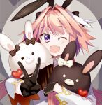  1boy :d ;d absurdres animal_ears astolfo_(fate) astolfo_(saber)_(fate) black_bow black_gloves bow check_commentary collared_shirt commentary_request crossdressing crossdressing_(mtf) enzan_(b5sni) fake_animal_ears fang fate/grand_order fate_(series) gloves hair_bow hair_intakes heart highres long_hair long_sleeves male_focus multicolored_hair multiple_hair_bows official_alternate_costume official_alternate_hairstyle one_eye_closed open_mouth pink_hair purple_eyes rabbit_ears shirt single_hair_streak skin_fang smile solo streaked_hair stuffed_animal stuffed_rabbit stuffed_toy trap upper_body v valentine white_bow white_shirt white_sleeves white_streaks 