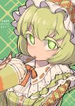  1girl bob_cut bonnet collar colored_eyelashes commentary cross-laced_clothes cup dress drinking_straw frilled_bonnet frilled_collar frilled_dress frills fun_bo green_background green_dress green_eyes green_hair highres holding holding_cup nail_polish orange_nails orange_ribbon original personification plaid_clothes plaid_dress ribbon short_hair solo sparkle_background sparkling_eyes upper_body 