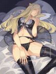  1girl babydoll bed_sheet black_babydoll black_garter_belt black_panties black_thighhighs blonde_hair breasts commission feet_out_of_frame garter_belt grey_eyes grin hair_ornament hand_on_own_chest hand_on_own_thigh highres idiascheden010 lace lace_panties large_breasts long_hair looking_at_viewer lorentz_butterfly lying navel on_back panties pillow reverse:1999 smile solo thighhighs underwear watermark 