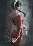  1girl back_cutout bare_shoulders black_hair blood blood_on_weapon blush closed_mouth clothing_cutout commentary_request cowboy_shot cup dagger earrings from_behind gold_earrings hairband highres holding holding_cup holding_weapon jewelry knife long_hair long_sleeves looking_at_viewer luilo13t off-shoulder_sweater off_shoulder red_eyes red_sweater sidelocks solo spy_x_family stiletto_(weapon) sweater weapon white_hairband yor_briar 