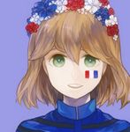  amelie_planchard bad_id bad_pixiv_id blue_background brown_hair error facepaint flower france french_flag green_eyes hair_flower hair_ornament open_mouth shirono_kuma short_hair smile solo strike_witches world_witches_series 