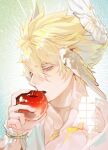  1boy alternate_costume antenna_hair apple blonde_hair blue_background bracelet collarbone commentary cracked_skin feathered_wings fingernails food fruit gold_bracelet gradient_background green_background hair_between_eyes half-closed_eyes hand_up head_wings holding holding_food holding_fruit honkai:_star_rail honkai_(series) imminent_bite jewelry long_hair_between_eyes looking_at_viewer male_focus multiple_wings ohagiwen open_mouth phainon_(honkai:_star_rail) phainon_(khaslana)_(honkai:_star_rail) shirt short_hair solo teeth tongue two-tone_background untranslatable_commentary upper_body white_shirt wings wrist_cuffs yellow_eyes 