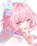 1girl absurdres bare_shoulders blush breasts collar cyrene_(demiurge)_(honkai:_star_rail) cyrene_(honkai:_star_rail) diamond-shaped_pupils diamond_(shape) finger_to_cheek flower hair_flower hair_intakes hair_ornament highres honkai:_star_rail honkai_(series) long_hair looking_at_viewer mademade03 multicolored_eyes pink_hair pink_nails pointy_ears purple_collar purple_eyes purple_flower purple_rose rose simple_background smile solo symbol-shaped_pupils teeth upper_body upper_teeth_only white_background white_hair 