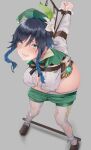  1girl absurdres anemo_symbol_(genshin_impact) bdsm beret blue_hair bondage bound bound_arms bound_wrists braid breasts commentary_request genderswap genderswap_(mtf) genshin_impact gradient_hair green_eyes green_hat green_shorts grey_background harris_hero hat highres large_breasts lock looking_at_viewer multicolored_hair padlock pantyhose parted_lips saliva shibari shirt short_hair_with_long_locks shorts shorts_partially_removed side_braids spreader_bar strappado torn_clothes torn_pantyhose twin_braids venti_(genshin_impact) vision_(genshin_impact) white_shirt 
