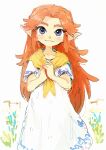  1girl :3 absurdres blue_eyes blush closed_mouth curtained_hair dress feet_out_of_frame fence flipped_hair grass highres horse_print long_hair long_pointy_ears looking_at_viewer malon nendo23 orange_hair outdoors own_hands_together parted_hair plant pointy_ears shawl short_sleeves simple_background sketch smile solo straight-on the_legend_of_zelda the_legend_of_zelda:_ocarina_of_time the_legend_of_zelda:_ocarina_of_time_(remake) thick_eyebrows white_background white_dress wooden_fence yellow_shawl 