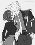  1boy 1girl arms_behind_back belle_(zenless_zone_zero) ccxvi_201116 cowboy_shot grey_background greyscale hand_in_pocket hetero highres hugo_vlad jacket kiss kissing_cheek looking_at_another monochrome pointy_ears shirt simple_background standing suit zenless_zone_zero 