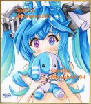  1girl @_@ ahoge animal_ears aqua_hair bikini black_nails blue_eyes blue_hair blush bow commentary_request covering_own_mouth crossed_bangs dated dosukoi_taiko hair_bow heterochromia highres holding holding_stuffed_toy horse_ears horse_girl looking_at_viewer marker_(medium) multicolored_hair nail_polish purple_eyes sample_watermark scan shikishi sidelocks signature striped_bow stuffed_animal stuffed_rabbit stuffed_toy swimsuit traditional_media twin_turbo_(umamusume) twintails twitter_username two-tone_hair umamusume upper_body watermark 
