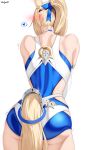  1girl animal_ears ass blue_one-piece_swimsuit commentary from_behind heart high_ponytail highres horse_ears horse_girl horse_tail long_hair official_alternate_costume one-piece_swimsuit ponytail sigrid_de_l'azur sigrid_de_l'azur_(majestic_wavechaser) simple_background solo spoken_heart swimsuit tail two-tone_one-piece_swimsuit white_background white_one-piece_swimsuit zealyush zenless_zone_zero 
