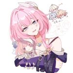  1girl 3boys breasts character_doll coat commentary_request cyrene_(demiurge)_(honkai:_star_rail) cyrene_(honkai:_star_rail) cyrene_(philia093)_(honkai:_star_rail) doll dress dual_persona go_tobuy hair_ornament highres holding holding_doll honkai:_star_rail honkai_(series) jewelry looking_at_viewer medium_hair merchandise multicolored_hair multiple_boys mydei_(honkai:_star_rail) necklace phainon_(honkai:_star_rail) phainon_(khaslana)_(honkai:_star_rail) pink_hair purple_coat simple_background small_breasts smile two-tone_hair white_background white_dress white_hair 