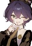  1girl aurelia_academy_school_uniform belle_(brilliance_of_stars)_(zenless_zone_zero) belle_(zenless_zone_zero) black_hat black_sweater blush breasts collared_shirt commentary_request crossed_bangs diamond-shaped_pupils diamond_(shape) eyelashes green_eyes habatayo2525 hair_between_eyes hand_up hat highres long_sleeves looking_at_viewer medium_breasts necktie official_alternate_costume one_eye_closed open_mouth puffy_long_sleeves puffy_sleeves purple_hair school_uniform shirt short_hair simple_background smile solo sweater symbol-shaped_pupils teeth tongue upper_body v white_background white_shirt yellow_necktie zenless_zone_zero 