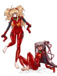  2girls barefoot blonde_hair blue_eyes blush bodysuit breasts brown_hair commentary_request cosplay dark-skinned_female dark_skin hair_ribbon heavy_breathing highres hot huge_breasts impossible_bodysuit impossible_clothes interface_headset_(evangelion) large_breasts long_hair mecha_pilot_suit mizuki_yukikaze multicolored_bodysuit multiple_girls neon_genesis_evangelion onisaki_kirara open_mouth orange_bodysuit plugsuit_(evangelion) red_bodysuit ribbon sachisuki_gyoko shoes skin_tight small_breasts souryuu_asuka_langley souryuu_asuka_langley_(cosplay) steaming_body sweat taimanin_(series) taimanin_rpgx taimanin_yukikaze tan twintails unworn_shoes very_long_hair very_sweaty white_background 