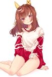  1girl animal_ears barefoot blush braid breasts brown_hair buena_vista_(umamusume) buruma closed_mouth commentary_request ear_covers gym_shirt hair_between_eyes hairband highres horse_ears horse_girl jacket looking_at_viewer medium_hair morimoritani_36 purple_eyes red_buruma red_jacket shirt short_sleeves sitting smile solo tracen_training_uniform track_jacket umamusume white_shirt yokozuwari 