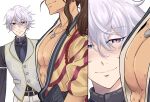  2boys bare_pectorals belt black_shirt blush brown_hair commentary english_commentary japanese_clothes jewelry kimono long_hair long_sleeves male_focus mizoe_yousuke multiple_boys necklace necktie nijuuseiki_denki_mokuroku orange_kimono pectorals pinoprue sakamoto_seiroku sash shirt smile split_mouth sweat vest waistcoat white_background white_hair yaoi 