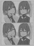  1girl absurdres aged_down breasts child closed_mouth commentary_request eimi_(harris_hero) greyscale harris_hero highres large_breasts monochrome necktie original shirt smile sweatdrop sweater towel wet wet_hair 