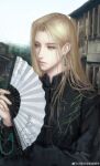  1boy absurdres chinese_commentary closed_mouth commentary_request ear_piercing earrings hand_fan highres holding holding_fan jewelry long_hair looking_to_the_side male_focus open_mouth original piercing sideways_glance simple_background solo standing upper_body watermark weibo_watermark xiaoye_yong_dongji_guzhang_zhong 