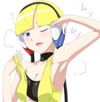  armpits blonde_hair blue_eyes breasts choker cleavage headphones hot kamitsure_(pokemon) medium_breasts one_eye_closed pokemon pokemon_(game) pokemon_bw ribonzu solo sweat upper_body 