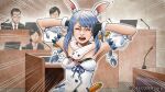  2016 2boys 2girls animal_ears black_gloves black_suit blue_hair bow braid breasts carrot carrot_hair_ornament closed_eyes commentary_request copyright_notice courtroom covering_own_ears detached_sleeves don-chan_(usada_pekora) dress east_asian emphasis_lines enomoto_yoshitaka food-themed_hair_ornament fur-trimmed_gloves fur_trim glasses gloves hair_bow hair_ornament hololive microphone monitor multicolored_hair multiple_boys multiple_girls necktie opaque_glasses podium puffy_short_sleeves puffy_sleeves rabbit_ears rabbit_girl red_necktie short_sleeves sidelocks small_breasts strapless strapless_dress suit twin_braids two-tone_hair usada_pekora usada_pekora_(1st_costume) virtual_youtuber white_hair 