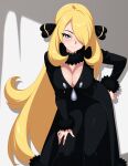  1girl absurdres black_coat black_collar black_pants blonde_hair breasts cleavage closed_mouth coat collar commentary commission cynthia_(pokemon) eyelashes fur-trimmed_coat fur_collar fur_trim grey_eyes hair_ornament hair_over_one_eye hand_on_own_hip hand_on_own_thigh highres leaning_forward long_hair long_sleeves pants pokemon pokemon_diamond/pearl/platinum smile solo su1zide 