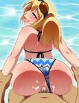  1girl ahegao anus arm_grab arm_held_back ass back bare_shoulders bikini bikini_aside blonde_hair blush commentary_request cum cum_in_pussy doggystyle eyewear_on_head female_orgasm fucked_silly green_eyes hayashi_custom hetero orgasm original pubic_hair senjugiku_tabane sex solo_focus sunglasses swimsuit swimsuit_aside tears tongue 