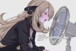  1girl blonde_hair blush breasts coat commentary_request cynthia_(pokemon) electric_fan fur_collar fur_trim grey_eyes hair_ornament hair_over_one_eye hot kyaro_o long_hair long_sleeves open_mouth pokemon pokemon_diamond/pearl/platinum simple_background solo sweatdrop upper_body very_long_hair 