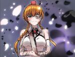  1girl apple apple_on_head bandages bare_shoulders black_petals blush braid breasts broken_arm brooch brown_hair canon_event closed_mouth commentary_request crown_braid dark_background demons_roots demons_roots_(series) detached_sleeves dirty empty_eyes english_commentary eyepatch falling_petals food food_on_head frown fruit fruit_on_head gem glowing glowing_petals grey_eyes happy_tears highres implied_yuri jewelry large_breasts lily_killer long_hair looking_at_another looking_at_viewer medical_eyepatch mixed-language_commentary object_on_head one_eye_covered petals red_gem solo stomach tearing_up tears twin_braids underboob uof 