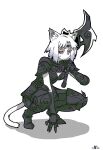  1girl absurdres animal_ears ark_angel ark_angel_mr armor axe battle_axe black_armor breasts cat_ears cat_girl cat_tail chain chain_headband clawed_gauntlets clawed_hands claws cleavage closed_mouth colored_skin commentary english_commentary expressionless facial_mark final_fantasy final_fantasy_xi full_body greaves grey_skin half-closed_eyes highres holding holding_weapon kyyubea looking_at_viewer messy_hair mithra_(ff11) ornate_armor over_shoulder pale_skin pauldrons red_eyes serious shadow short_hair shoulder_armor simple_background solo squatting swirl tail weapon weapon_over_shoulder white_background white_hair 