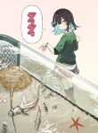  1girl absurdres aqua_eyes aqua_hair black_hair colored_inner_hair commentary_request fish fish_tank green_sweater highres hiroya_(hirogaya_02) japanese_bullhead_shark looking_at_viewer looking_back medium_hair miniskirt miyamai_moca multicolored_hair pleated_skirt skirt sleeves_pushed_up solo speech_bubble standing sweater voicepeak 