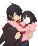  1boy 1girl :< araragi_koyomi arm_on_another's_shoulder black_eyes black_hair black_jacket black_pantyhose black_shirt black_skirt bob_cut breasts carrying closed_mouth collarbone collared_shirt dress_shirt empty_eyes eye_contact gakuran hair_between_eyes hair_over_one_eye hand_on_another's_back hand_on_another's_thigh hand_up heart high_collar highres jacket long_sleeves looking_at_another monogatari_(series) motion_lines naoetsu_high_school_uniform narrowed_eyes oshino_ougi pale_skin pantyhose pink_shirt pleated_skirt princess_carry puffy_long_sleeves puffy_sleeves red_trim school_uniform shirt short_hair simple_background skirt sleeves_past_fingers sleeves_past_wrists small_breasts smile sweatdrop tsugumi_(tgm_615486) turtleneck undershirt upper_body white_background 