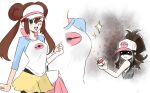  2girls :d ;d black_pantyhose black_vest blush breast_envy brown_hair closed_mouth commentary_request double_bun green_eyes hair_bun hat hilda_(pokemon) holding holding_poke_ball kato_ari long_hair multiple_girls one_eye_closed open_mouth pantyhose poke_ball poke_ball_(basic) pokemon pokemon_black_2_and_white_2 pokemon_black_and_white raglan_sleeves rosa_(pokemon) shirt shorts sidelocks smile sparkle three-quarter_sleeves twintails vest visor_cap white_hat yellow_shorts 