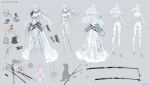  1girl absurdres armor belt bodysuit breasts character_request commentary_request concept_art copyright_request dress high_heels highres japanese_armor katana koshirae long_hair multiple_views nagamaki polearm same-hada see-through_clothes see-through_dress simple_background single_thighhigh solo swav sword thighhighs utility_belt veil weapon white_hair 