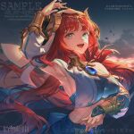  1girl aqua_eyes armpits blue_gem breasts chinese_commentary commentary_request detached_sleeves fake_horns gem genshin_impact gt-apex harem_outfit highres horns large_breasts long_hair nilou_(genshin_impact) open_mouth red_hair sky solo teeth too_many_watermarks upper_teeth_only veil watermark white_veil 