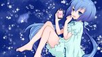  aoki_lapis bare_legs barefoot blue_background blue_dress blue_eyes blue_hair blush dress from_above from_side heart holding long_hair lying on_side simple_background solo star starry_background toes twintails very_long_hair vocaloid yayoi_(egoistic_realism) 