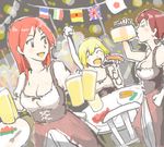  3girls alcohol beer beer_mug blonde_hair brown_hair dirndl drink drinking erica_hartmann flag german_clothes gertrud_barkhorn lowres minna-dietlinde_wilcke multiple_girls oktoberfest red_hair smile strike_witches traditional_clothes 