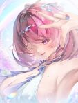  1girl ;) absurdres armpits blue_sky breasts cleavage commentary_request english_commentary heart highres large_breasts levi11 mixed-language_commentary mole mole_on_breast multicolored_nails official_alternate_costume one-piece_swimsuit one_eye_closed pink_hair purple_eyes remielle_dan remielle_dan_(seashade_pas_seul) sky smile solo swimsuit upper_body w white_one-piece_swimsuit zenless_zone_zero 