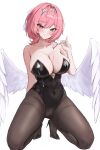  1girl absurdres alternate_costume bare_shoulders black_leotard black_pantyhose blush breasts cleavage cocktail_glass commentary_request covered_navel cup drinking_glass feathered_wings full_cleavage hair_intakes hair_ornament high_heels highres holding holding_cup kneehighs korean_commentary large_breasts leotard looking_at_viewer medium_hair pantyhose pink_hair pouring pouring_onto_self purple_eyes remielle_dan simple_background smile socks solo strapless strapless_leotard thighband_pantyhose white_background white_wings wings wooru60 zenless_zone_zero 
