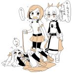  3girls belt belt_buckle belt_pouch boots buckle collar commentary_request flying_sweatdrops fortress_(sekaiju) fortress_2_(sekaiju) full_body heart holding long_hair medic_(sekaiju_4) medic_4_(sekaiju_4) multiple_girls open_mouth orange_theme pet_play pouch puffy_short_sleeves puffy_sleeves sekaiju_no_meikyuu sekaiju_no_meikyuu_4 short_hair short_sleeves simple_background skirt smile socks speech_bubble standing suno_(imydream) swordsman_(sekaiju_4) swordsman_2_(sekaiju_4) translation_request twintails two_side_up 