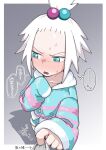  ... 1girl absurdres alternate_costume aqua_eyes arrow_(symbol) blush collarbone commentary_request freckles hair_bobbles hair_ornament hands_up highres hooded_shirt long_sleeves open_mouth pokemon pokemon_black_2_and_white_2 roxie_(pokemon) shirt shorts sleeves_past_wrists solo speech_bubble spoken_ellipsis sweat topknot translation_request white_hair zonbi_no_mokushiroku 