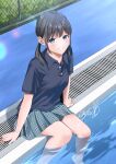  1girl arm_support black_hair blue_eyes blue_sky blush chain-link_fence closed_mouth cloud collared_shirt commentary_request day fence grey_skirt highres kneehighs long_hair looking_at_viewer low_ponytail low_twintails original outdoors plaid_clothes plaid_skirt pleated_skirt polo_shirt ponytail pool poolside school_uniform shirt short_sleeves signature sitting skirt sky smile soaking_feet socks solo soragane_(banisinngurei) twintails water 