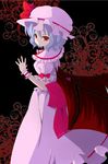  :o arm_up bad_id bad_pixiv_id bat_wings black_background blouse bow eyelashes fingernails hat hat_ribbon highres kurohina00 lavender_hair looking_at_viewer looking_back nail_polish open_hand puffy_sleeves red_eyes remilia_scarlet ribbon short_hair short_sleeves skirt solo touhou wings wrist_cuffs 