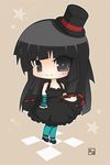  akiyama_mio aqua_legwear black_eyes black_hair brown_background cane chibi deviantart_sample don't_say_&quot;lazy&quot; dress fingerless_gloves gloves hat hime_cut hyun_(baka-art) hyunit_(aho-art) image_sample k-on! long_hair looking_at_viewer pantyhose smile solo top_hat 