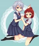  blue_eyes blush green_eyes holding_hands kneeling kosegawa_shiromi kuromu_(cr0711) miyamori_school_uniform multiple_girls red_hair ribbon saki short_hair sitting smile socks usuzawa_sae vest white_hair 