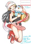  1girl bag beanie bird black_hair black_socks blush boots breasts commentary dawn_(pokemon) duffel_bag grey_eyes hair_ornament hairclip hat highres holding holding_pokemon long_hair looking_at_viewer marshmallow_(site) one_eye_closed open_mouth penguin pink_boots pink_skirt piplup poke_ball_print pokemon pokemon_(creature) pokemon_diamond/pearl/platinum poketch red_scarf request_inset rico_ot scarf shirt skirt sleeveless smile socks untranslatable_commentary watch white_hat wristwatch 
