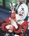  1boy 1girl absurdres aqua_nails black_choker black_hair choker closed_mouth collared_shirt commentary_request cum cum_on_body facial hair_ornament heart heart_hair_ornament hetero highres ifiagirl jacket lacrimosa_(nte) looking_at_viewer male_esper_zero_(nte) multicolored_hair multicolored_nails nail_polish neverness_to_everness penis pink_nails red_jacket red_streaks shirt split-color_hair streaked_hair two-tone_hair white_hair white_shirt x_hair_ornament 